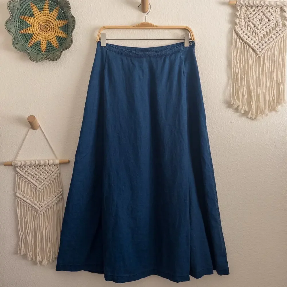 Calvin Klein CK Jeans Size 10 Blue Linen Faux Wrap Maxi Skirt Vintage